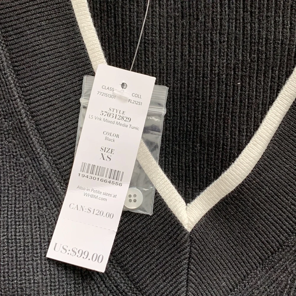 NWT White House Black Market Black Mixed Media V Neck Tunic Sweater NEW Sz XS - Picture 7 of 10